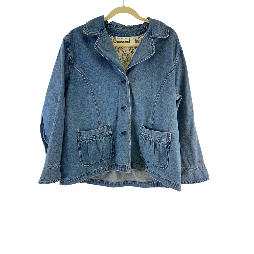 Out of the Blue J Jill Denim Jacket Blue Lace Back Peplum Jean Button Women 2X